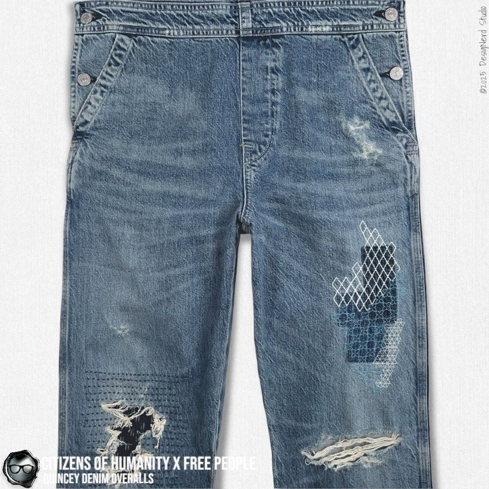 CITIZENS OF HUMANITY X FREE PEOPLE QUINCEY PATCHWORK EMBROIDERED DENIM OVERALLS - Picture 8 of 16